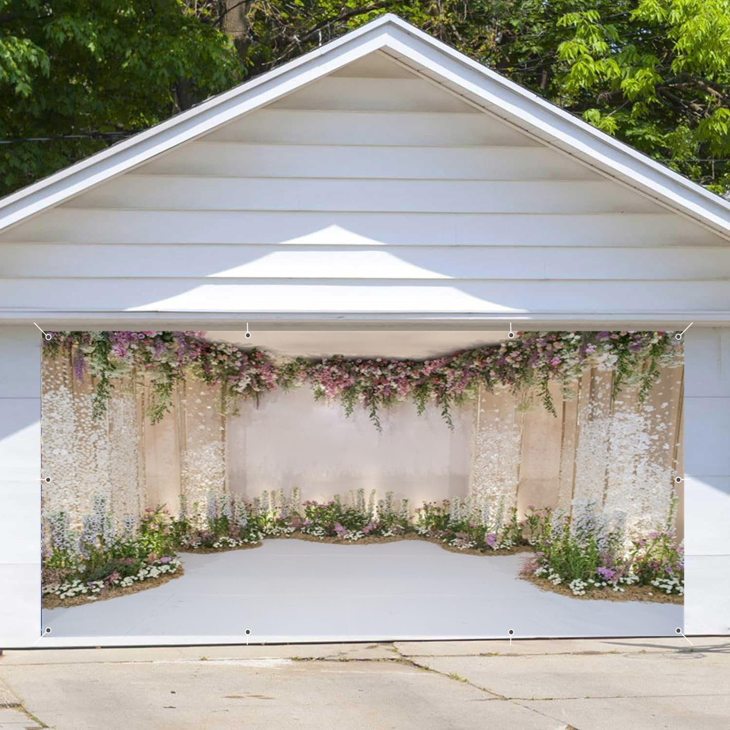 Floral Wedding Garage Door Cover Banner Decorations Backdrop 7x16ft Large Flower Curtain Blossom Cradle Floral Wall Garage Door Backdrop Decor Outdoor Birthday Party Bridal Shower Garage Door Banner