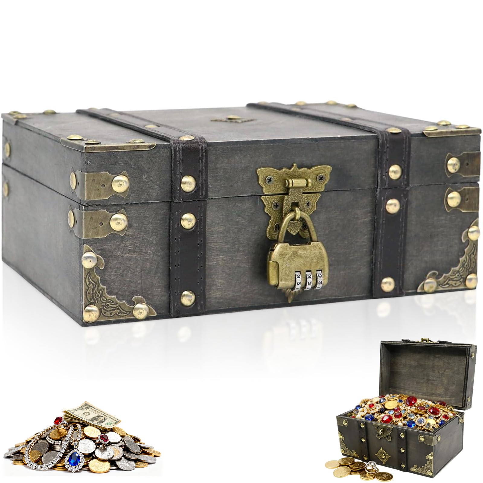 Scrigno del Tesoro Legno Vintage con Lucchetto a Combinazione 3 Cifre, 24x17x9.5cm Bauletto Pirati Legno Fatto Mano, Scatola Legno Massiccio per Conservare Gioielli, Monete, Piccoli Oggetti e Regali