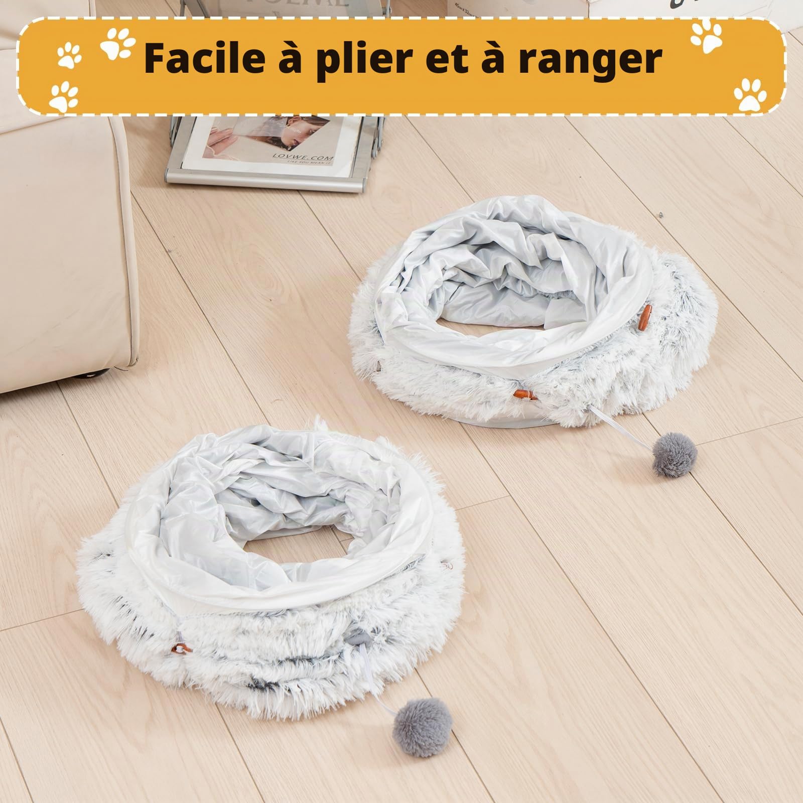 Avont Grand Tunnel Chat avec Coussin Central 100cm(L)*30cm(H), Jouet Doux pour Chat, Lit Rond Multifonction Caché Tunnel pour Chat -Gris