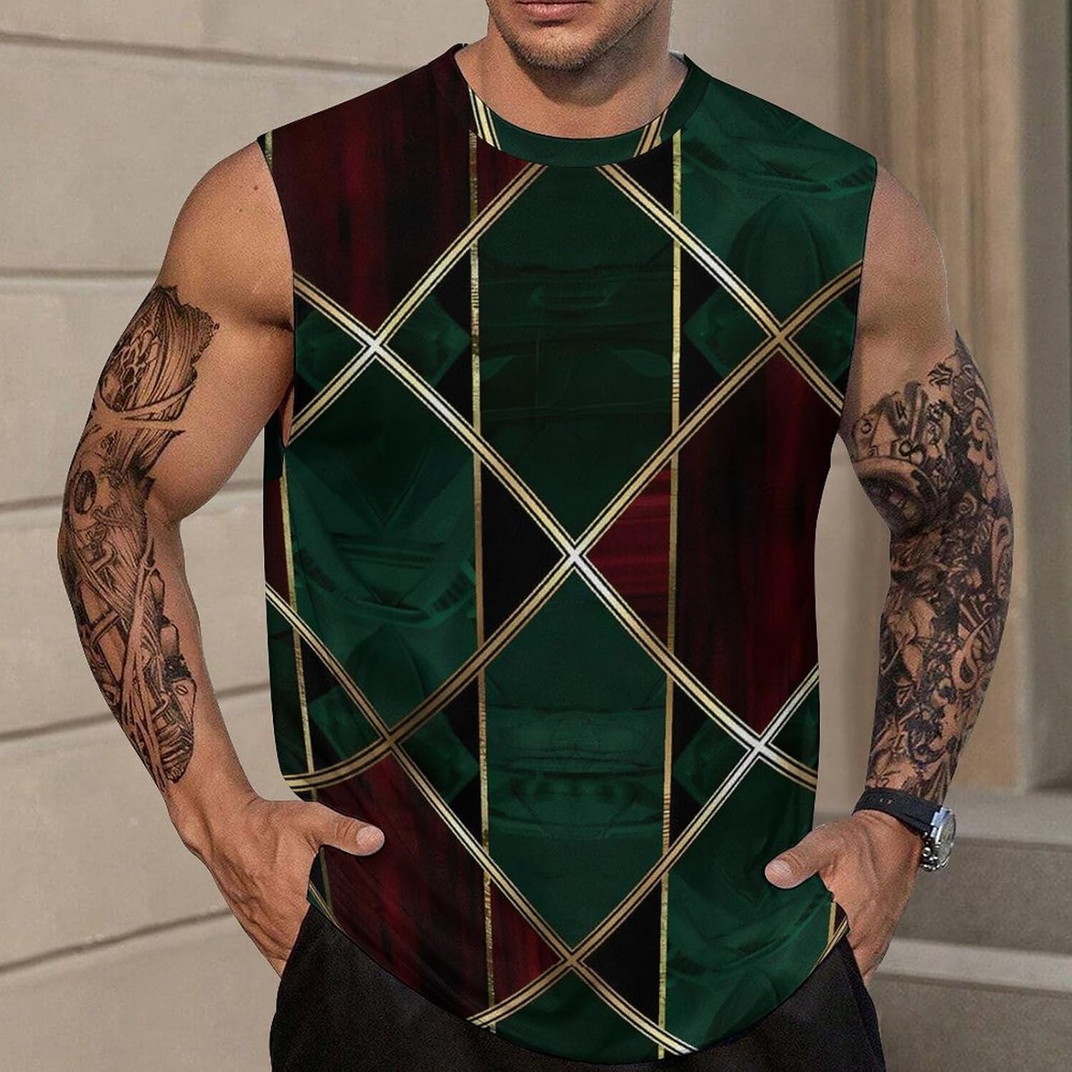 Green Red Gold Geometric Pattern Men Summer Sleeveless Crew Neck Top 5XL