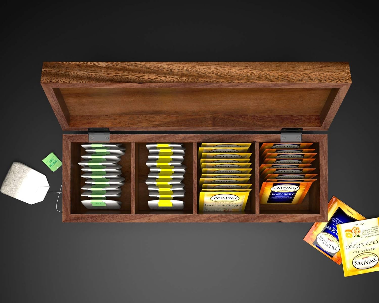 Personalized Tea Box – Elegant Wooden Tea Bag Organizer with 5 Compartments, Large Size Holds Gourmet Bags, Ideal Gift for Tea Lovers & Home Kitchen Display