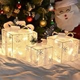 Lighted Gift Boxes, Set of 3 Christmas Decorations, Light up Ornaments, Warm White LED with Bows for Indoor Party Holiday, Snow Decor
