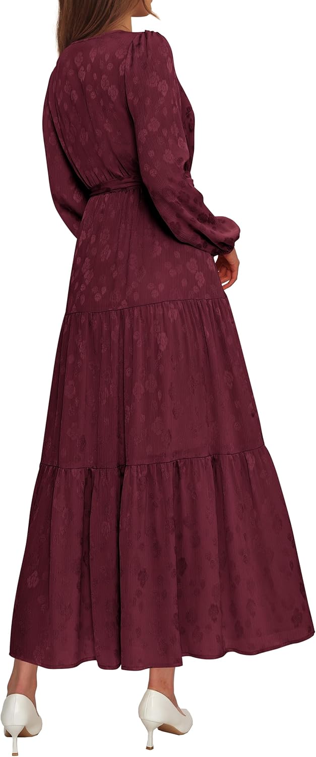 PRETTYGARDEN Womens Spring Long Sleeve Wrap V Neck Ruffle Floral Maxi Dress Casual Tie Waist Boho Chiffon Flowy Long Dresses