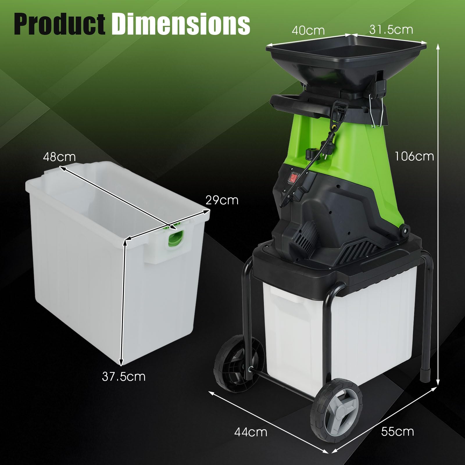 FANTASK Trituradora eléctrica de jardín, 3000 W-55 x 44 x 106 cm, trituradora de jardín con ruedas, caja de 50 L, grosor de corte de 45 mm, con cable, trituradora de rodillos eléctrica para limpieza