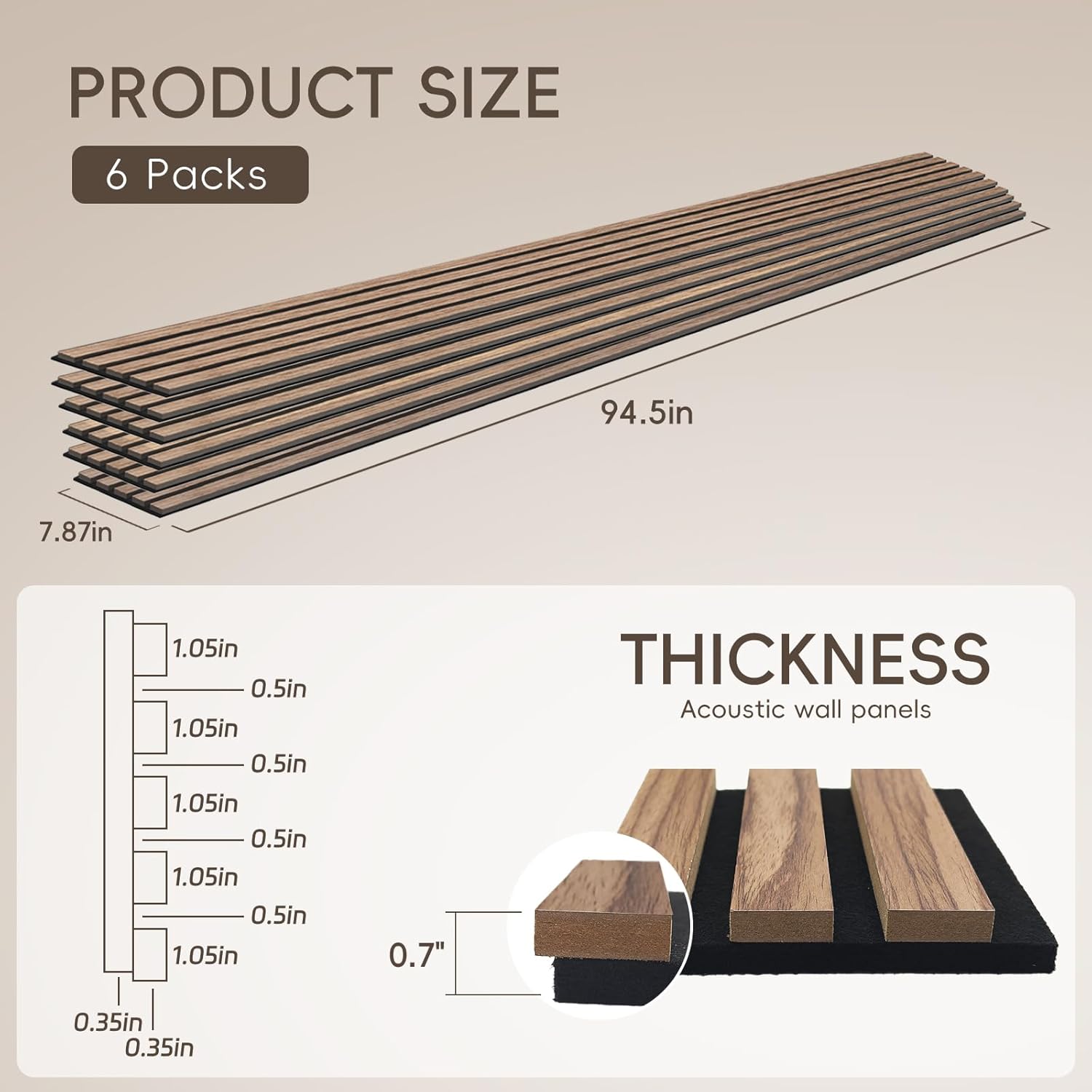 EVERECO 6 Pack Wood Panels for Wall 94.5" × 7.87" Acoustic Soundproof Wall Slat Panels, 3D Wall Panels for Home Office Decoration, Natural Walnut