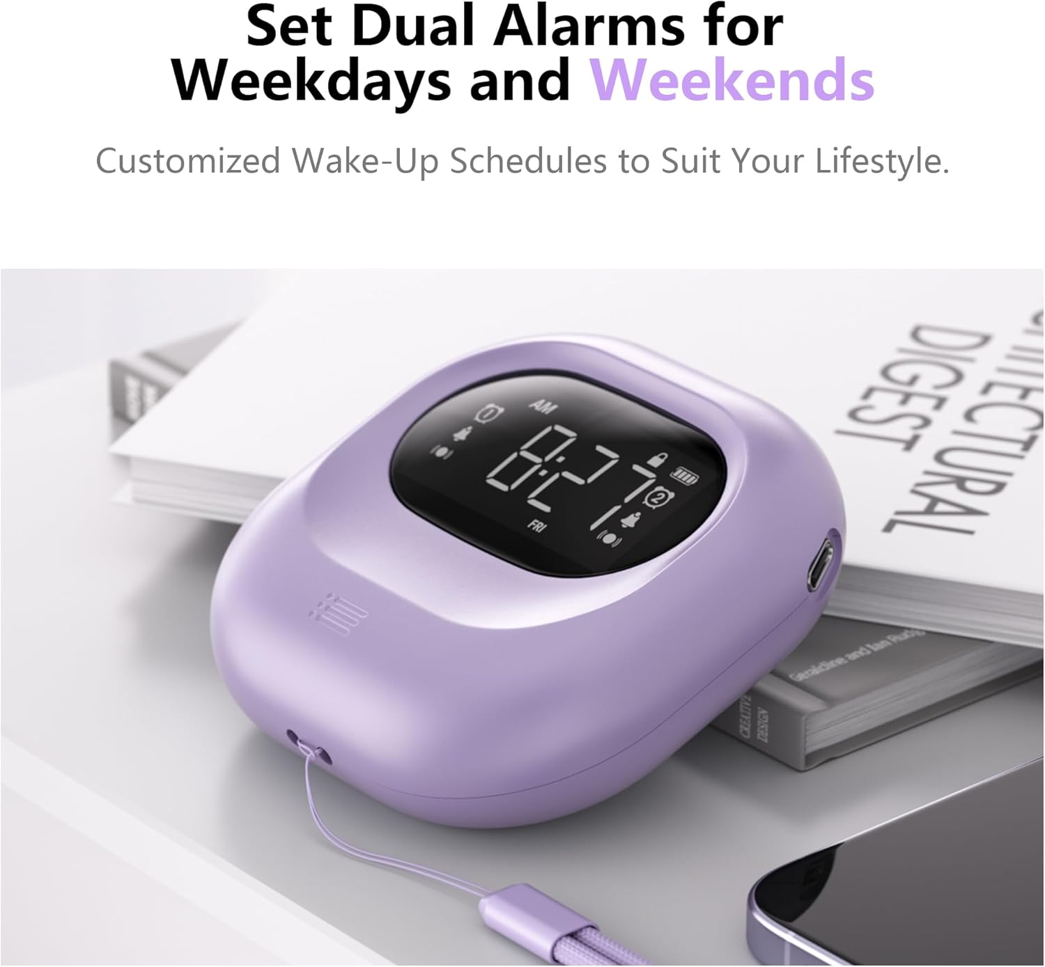 Mesqool Vibrating Alarm Clock on a nightstand, displaying two active alarms.