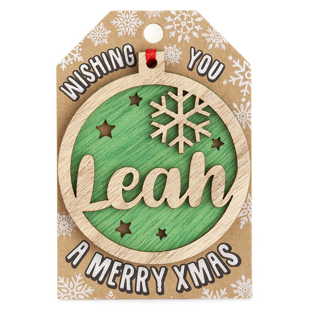 Stands Out, Supplying Outstanding Gifts Leah Personalised Wooden Name Green Hanging Christmas Tree Bauble Decoration