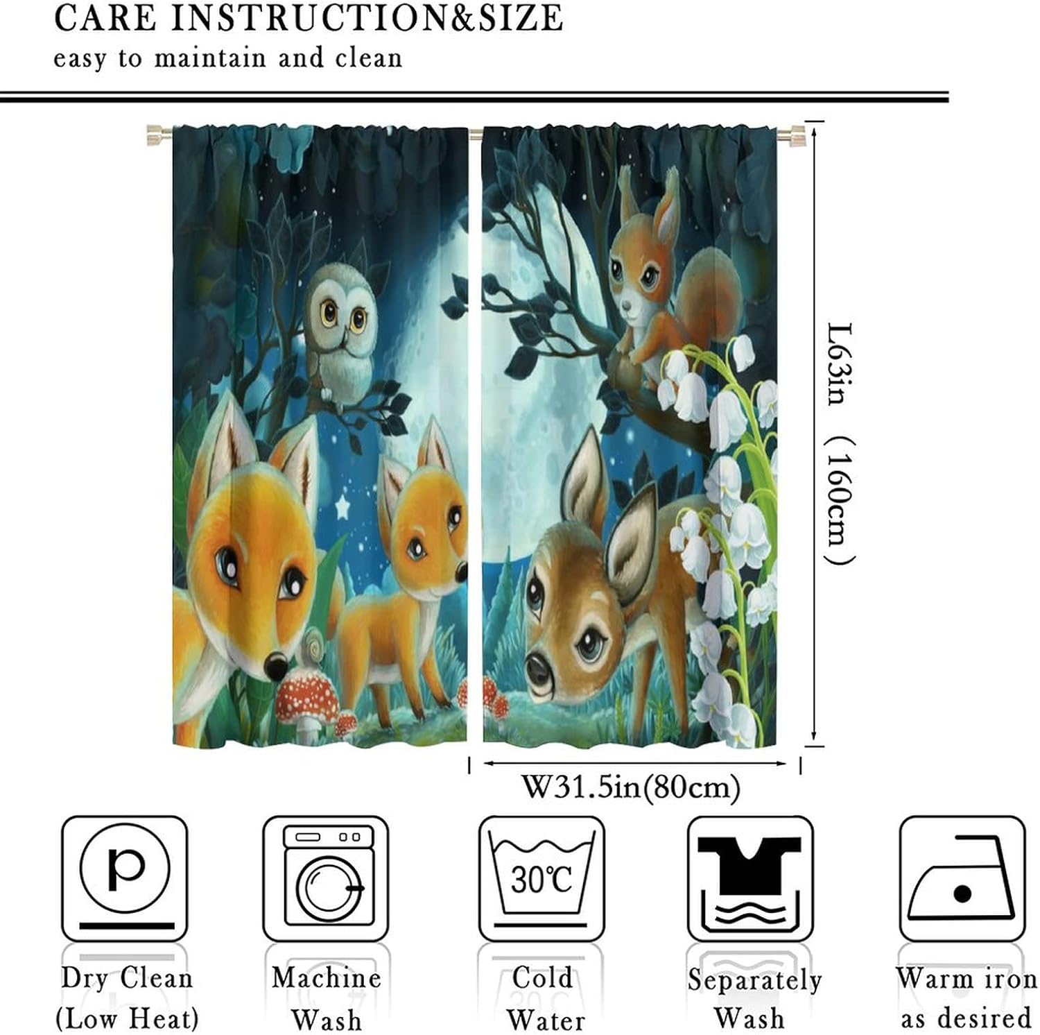 Cartoon Forest Animal Curtains for Kids,Night Rustic Woodland Cute Wild Animal Deer Fox Owl Print Nursery Baby Boy Girl Bedroom Décor Living Room Polyester Fabric Window Drapes 2 Panel Set 63" x 63"