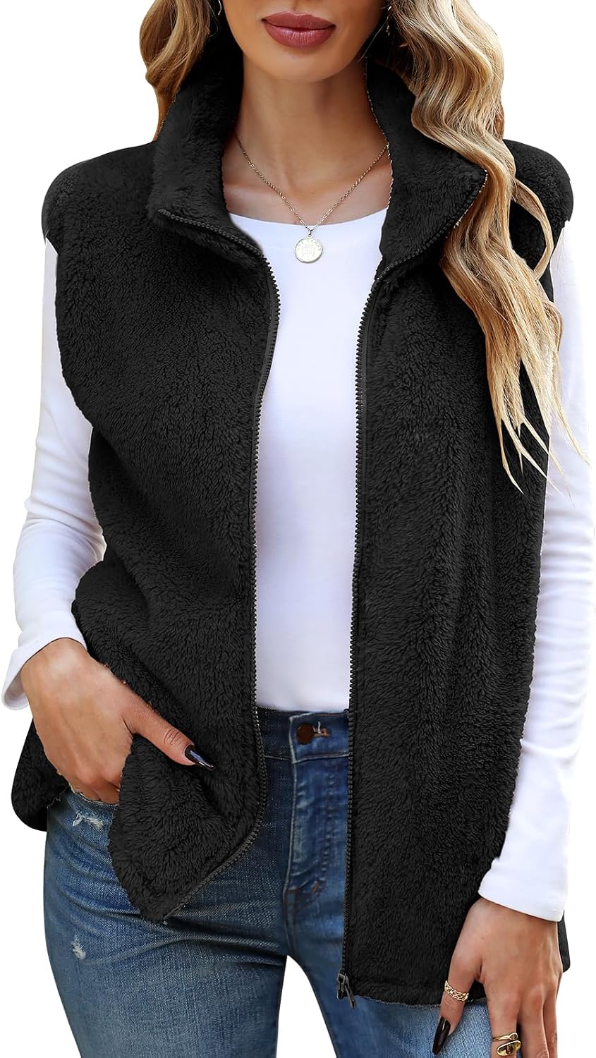 Women's Fleece Vest - Fall Fuzzy Sleeveless Jackets Coat Lightweight Soft Sherpa Warm Zip Up Outerwear with Pockets