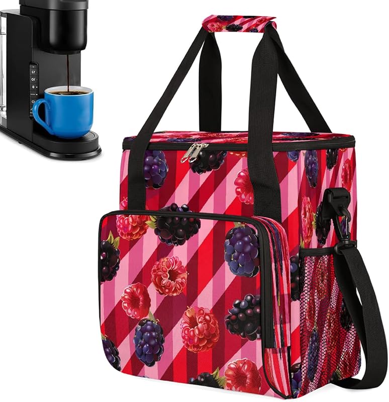 Coffee Maker Carrying Bag Compatible with Keurig Mini or K Mini Plus, Portable Single Serve Coffee Brewer Storage Bag with Shoulder Strap - Mixed Berries Stripe Pattern