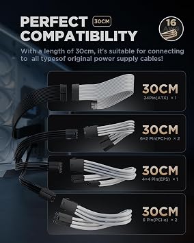 ASIAHORSE White and Red PSU Cable Extension Kit, Customized Power Supply Mod Sleeve Extension Cable, ATX/EPS/8-pin PCI-E/6-pin PCI-E for PSU Cable, 2Pack