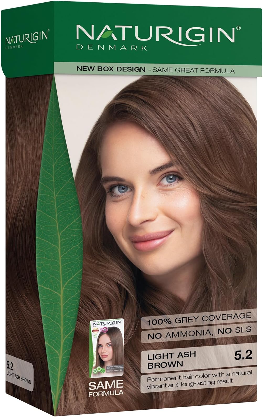 Naturigin Permanent Hair Color, 5.2 Light Ash Brown, Ammonia Free, 100% Gray Coverage, Nourishing Natural Formula, For All Hair Types, Long-Lasting, Vegan & Cruelty-Free, 1 Pack