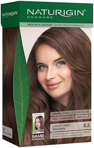 Naturigin Tinte permanente para el cabello, marrón ceniza claro 5.2, sin amoníaco, 100% cobertura de canas, fórmula natural nutritiva, para todo