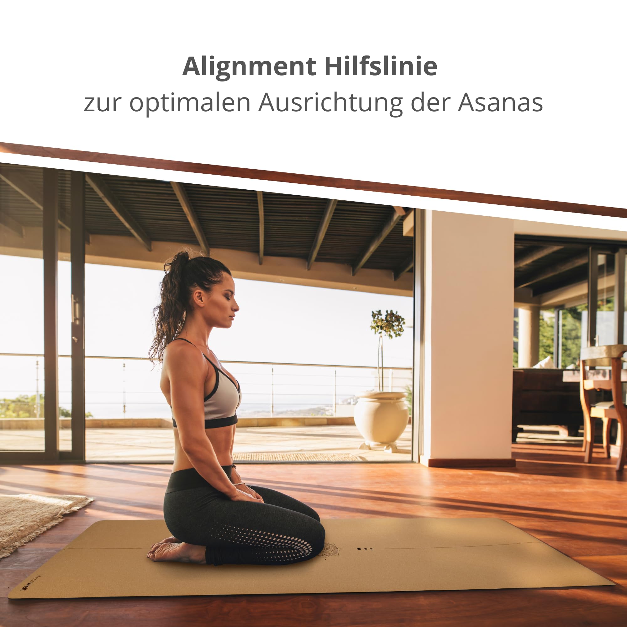 Premium Kork-Yogamatte (4mm dick) - Rutschfeste Fitnessmatte mit Hilfslinien - Pilatesmatte + Yogatasche