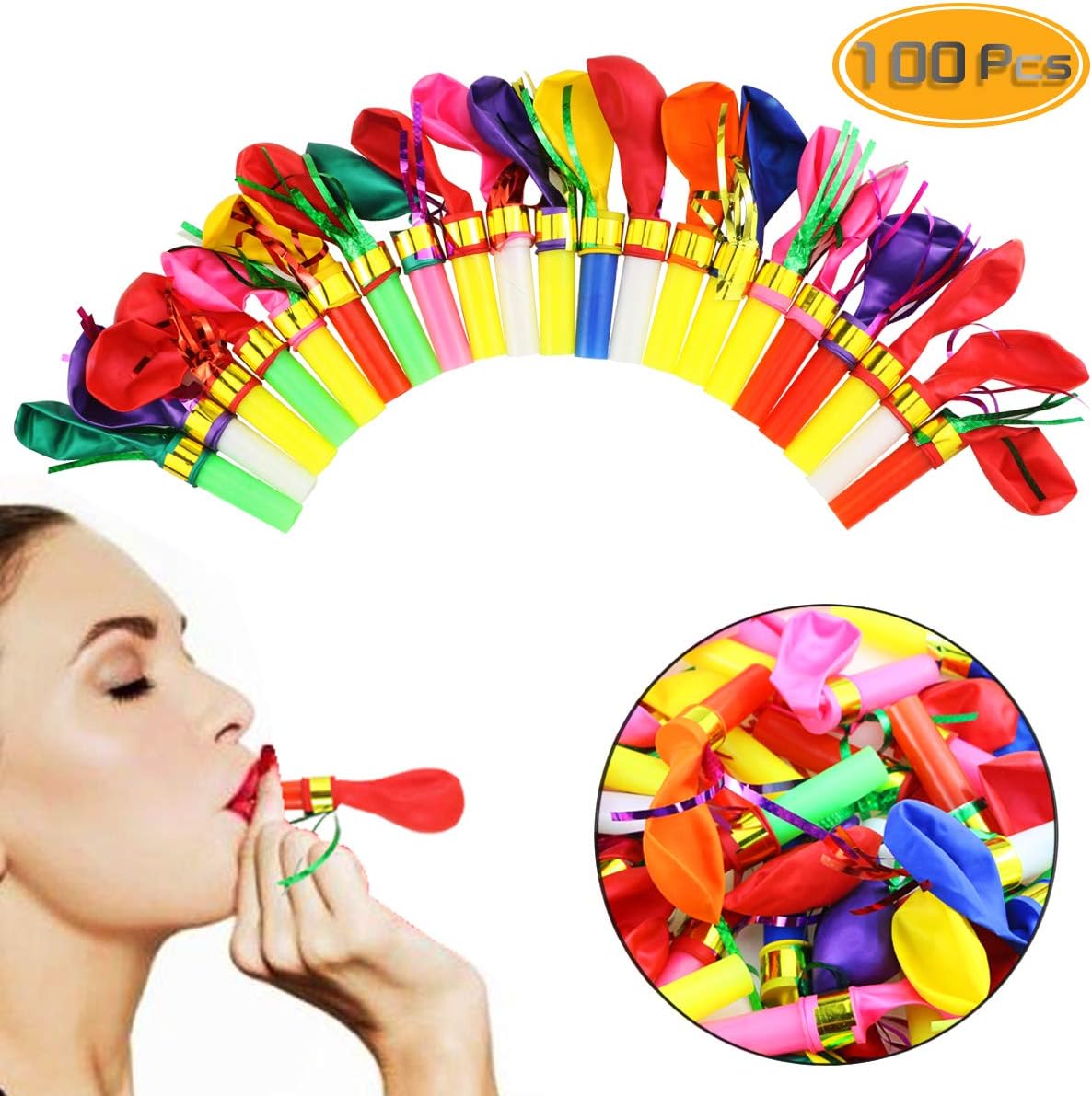 Neworkg 100pcs Multicolor Noisemakers Blowouts Party Horns with Balloons, Glitter Fringed Balloons Whistle, Party Whistles and Streamers, Bulk Toys, Birthday Party Favors, Party Accessory for Kids