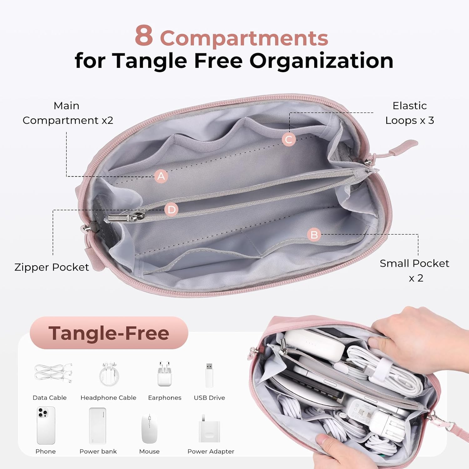 FYY Travel Cable Organizer - 8 Compartments Lightweight Water Resistant Tech Pouch with Wrist Strap, Portable Electronic Accessories Case for Cord Charger Storage for Travel Home Office, Pink (Large)