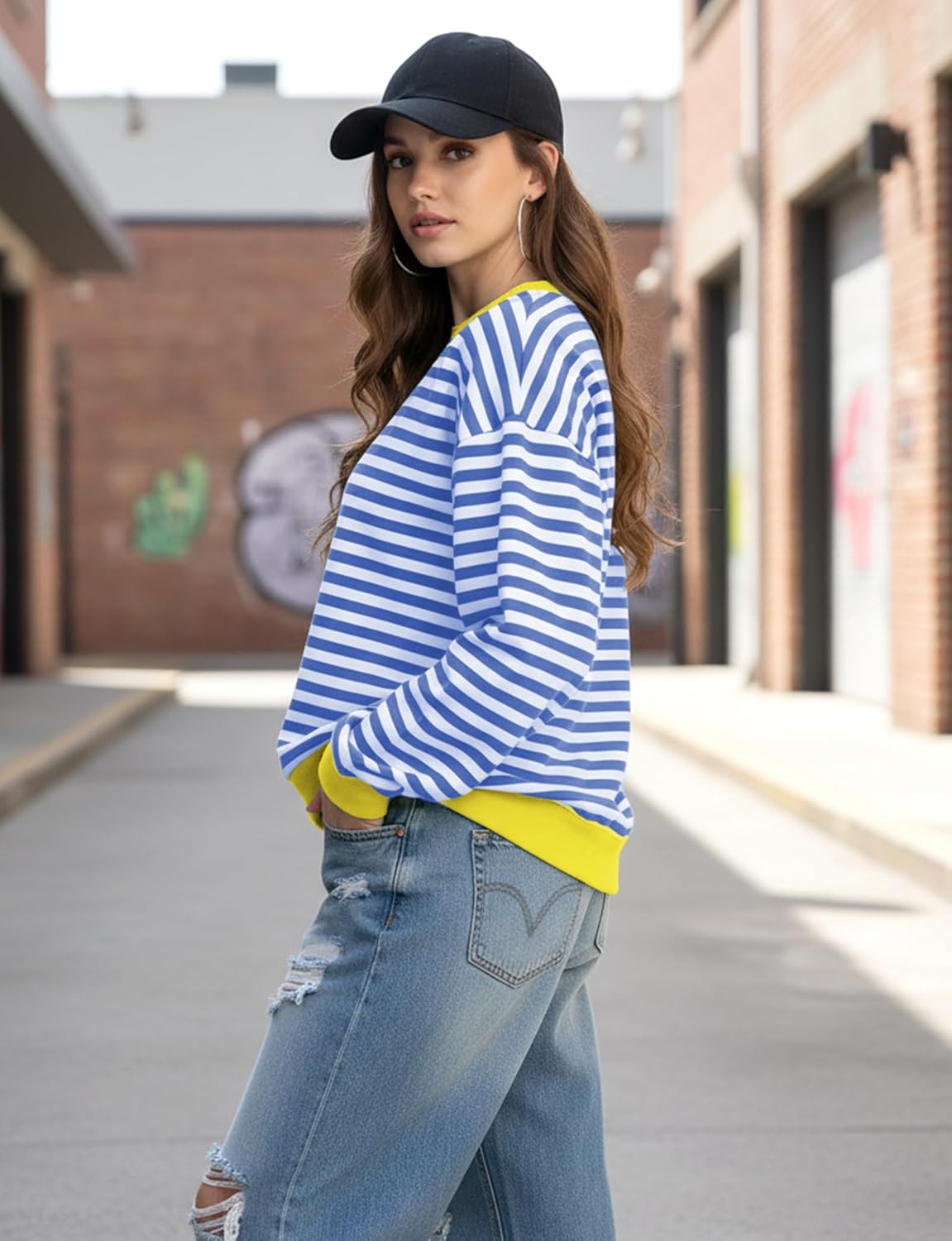 Women Striped Oversized Sweatshirt Long Sleeve Crewneck Shirt Fall Fashion 2026 Pullover Top Preppy Y2K Clothes - Image 3