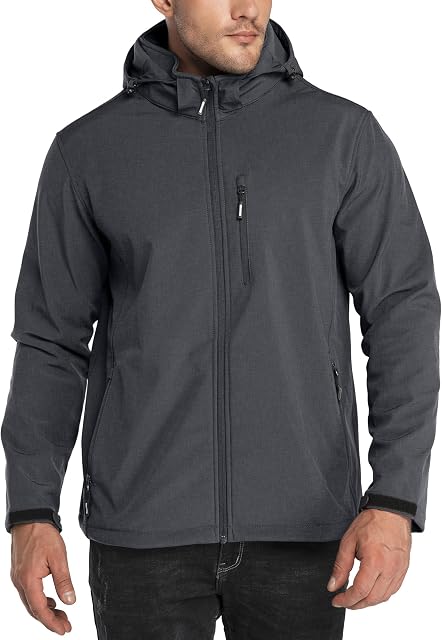 Outdoor Ventures Men's Lightweight Softshell Jacket Fleece Lined Hooded Water Resistant Winter Hiking Windbreaker Jackets