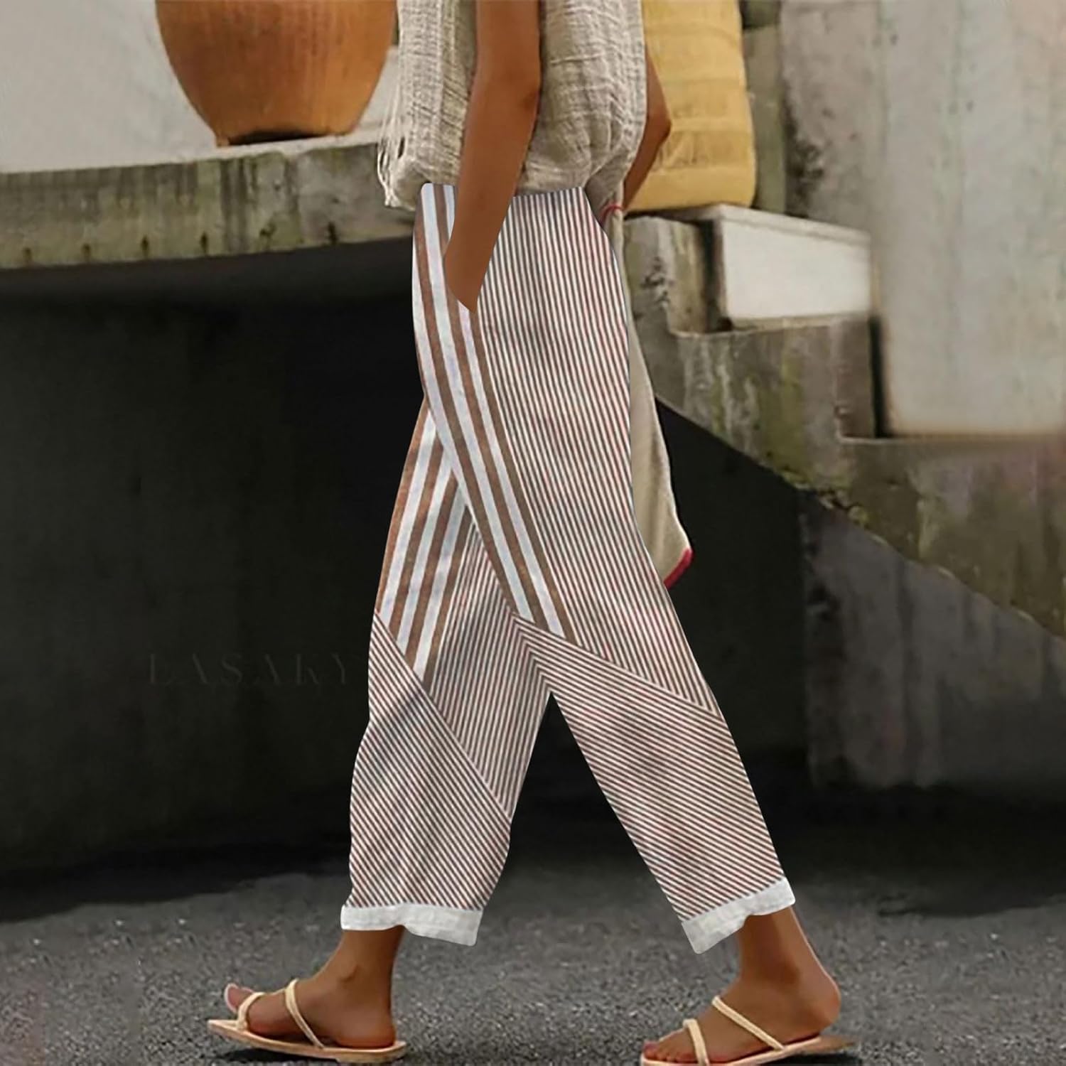 Stripe Color Block Crop Pants for Women Casual Straight Leg Pants Elastic Waist Cropped Trousers with Pockets