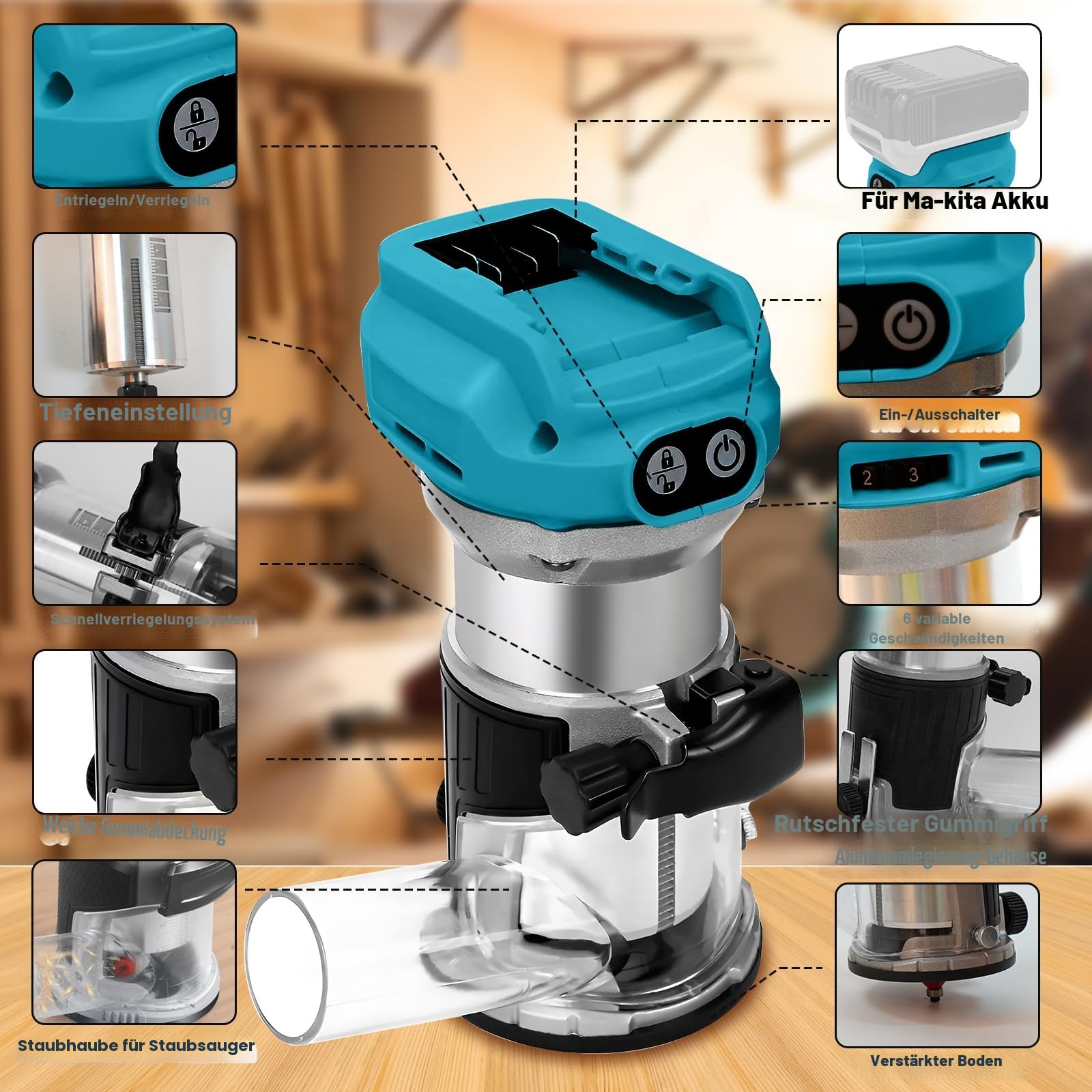 Akku Oberfräse für Makita 18 V, 800 W Bürstenloser Oberfräse Trimmer Einhandfräse Kantenfräser 30.000 U/min Akku-Holzfräser mit 15 Stück 1/4-Zoll-Schaft Fräser Set (ohne Akku)