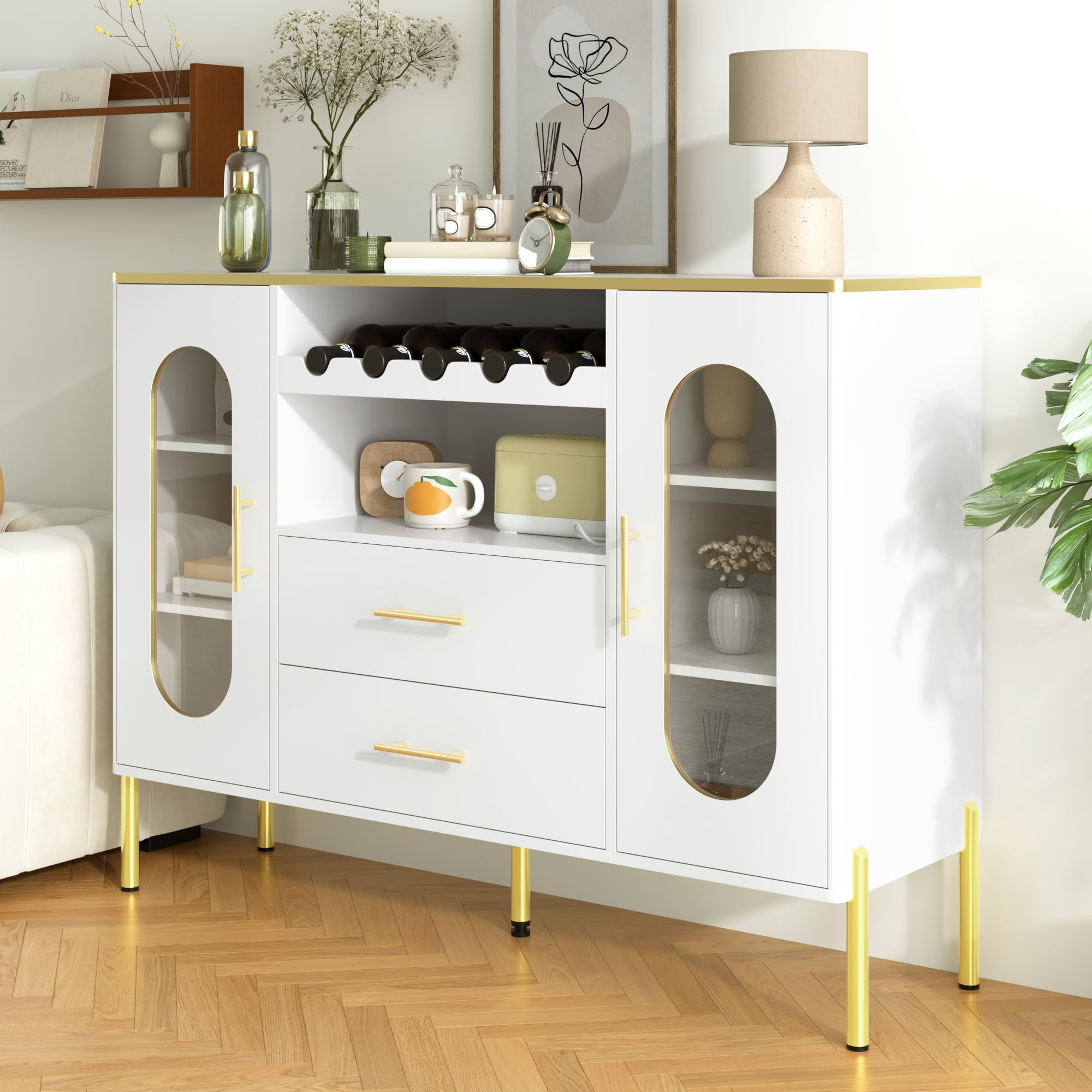 Credenza 120 cm Con Ripiani Interni Regolabili, Ante In Vetro E Cassetti, Buffet Con Portabottiglie Integrato, Mobile Elegante Per Soggiorno Ed Esszimmer