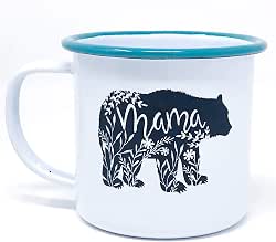 Floral Mama Bear Enamel Camping Mug, Vintage Style, Teal Rim