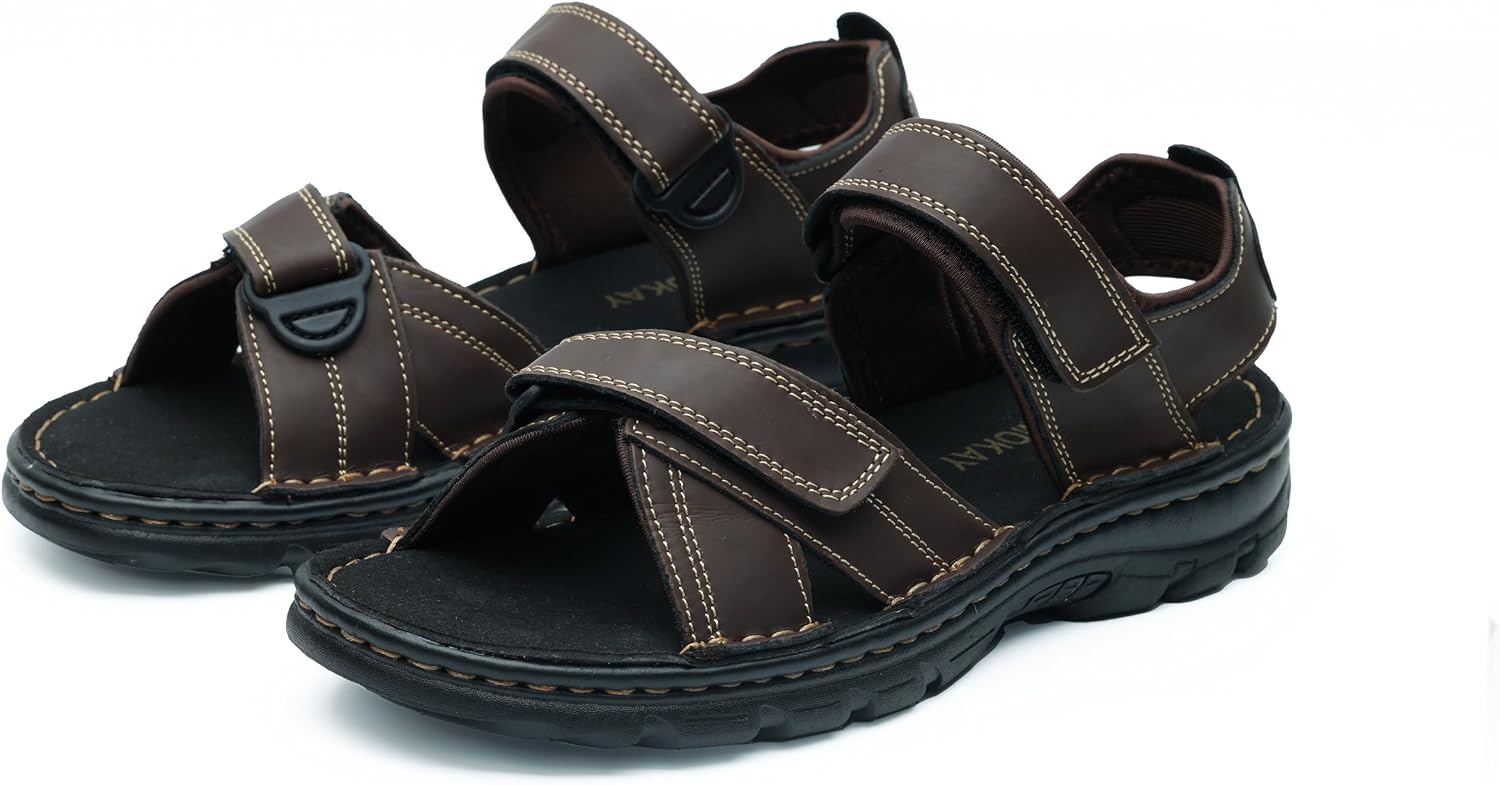 MGGMOKAY Men's Athletic Sandals Leather Outdoor Sandals Open Toe Hiking Sandals with Adjust Strap