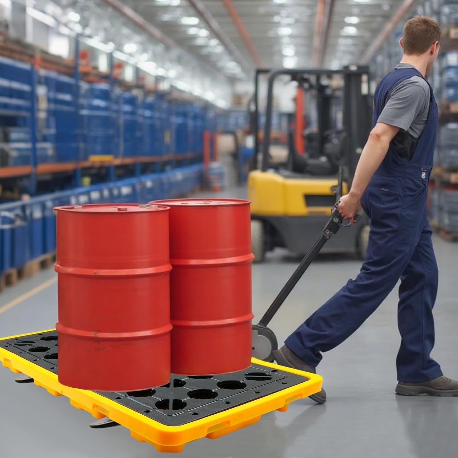 2 Drum Spill Containment Platform, 51.2" x 26.8" x6", 4400lbs Load Capacity, 20 Gallon Sump, with Drain Outlet and Forklift Pockets, Leak-Proof Workbench for Garage, Basement and Industrial Storage