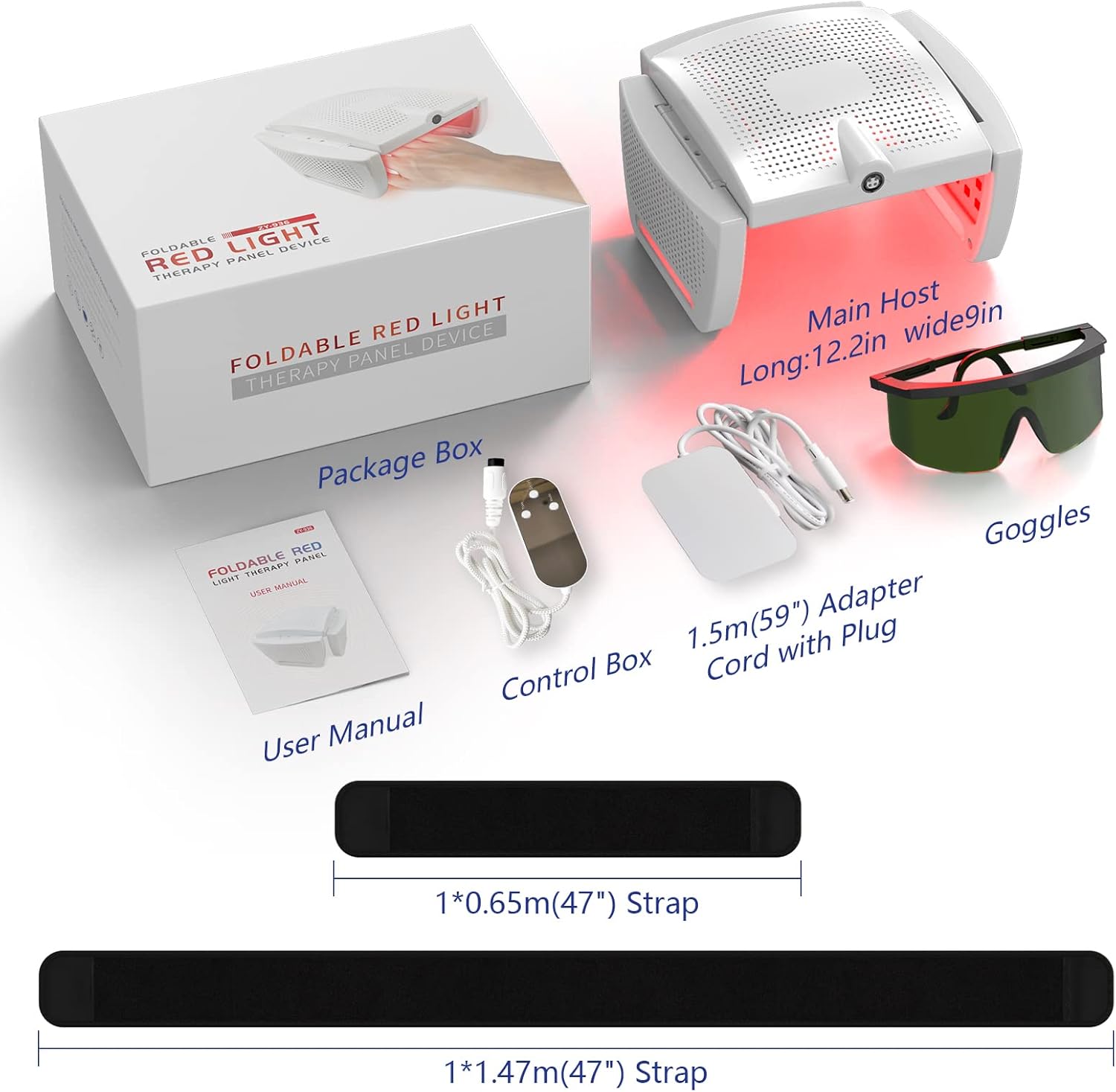 Contents of the KTS Red Light Therapy Device package laid out on a surface.