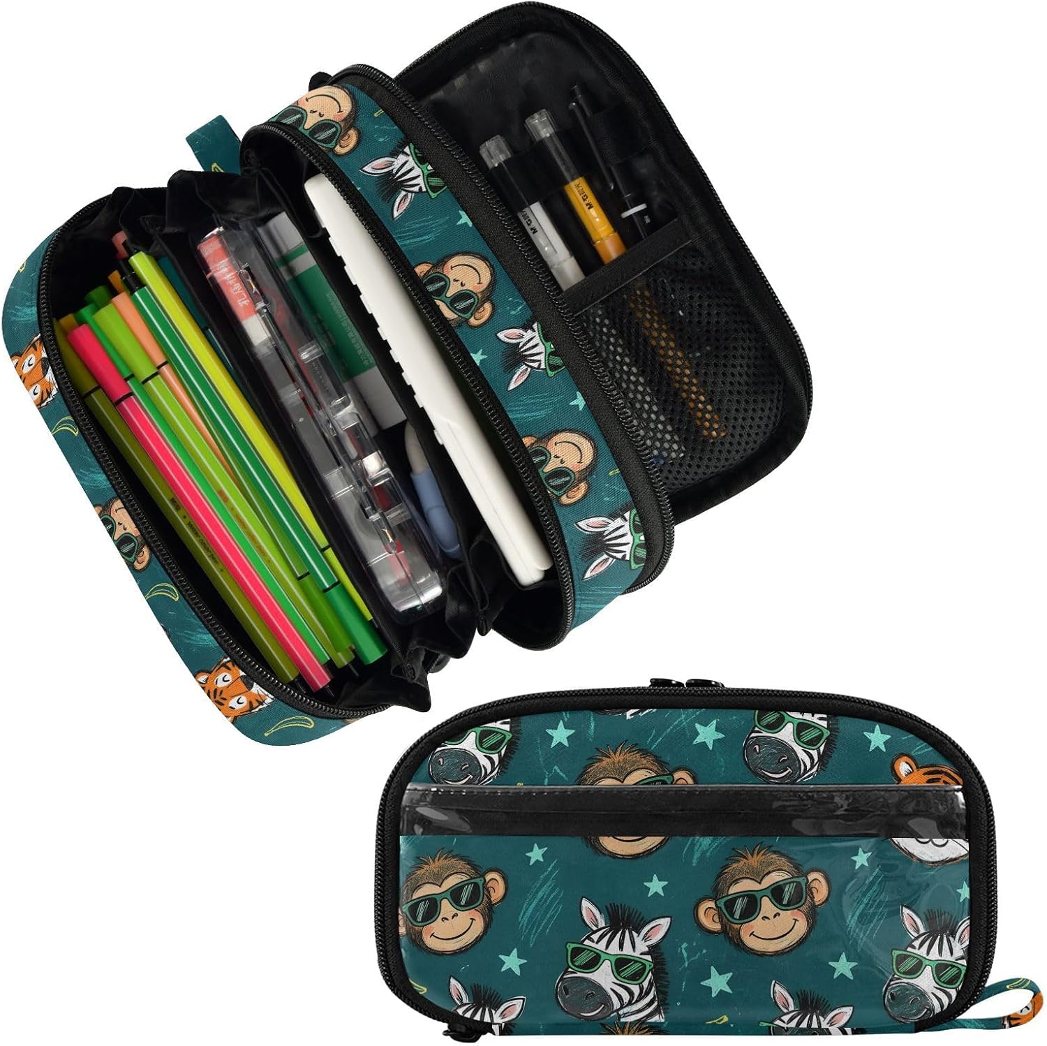 ALAZA Monkey Tiger Pattern Large Capacity Pencil Case, Aesthetic Stationery Organizer Bag with Clear PVC Window, High Capacity Pen Pouch with Dividers for School Office Travel image 2