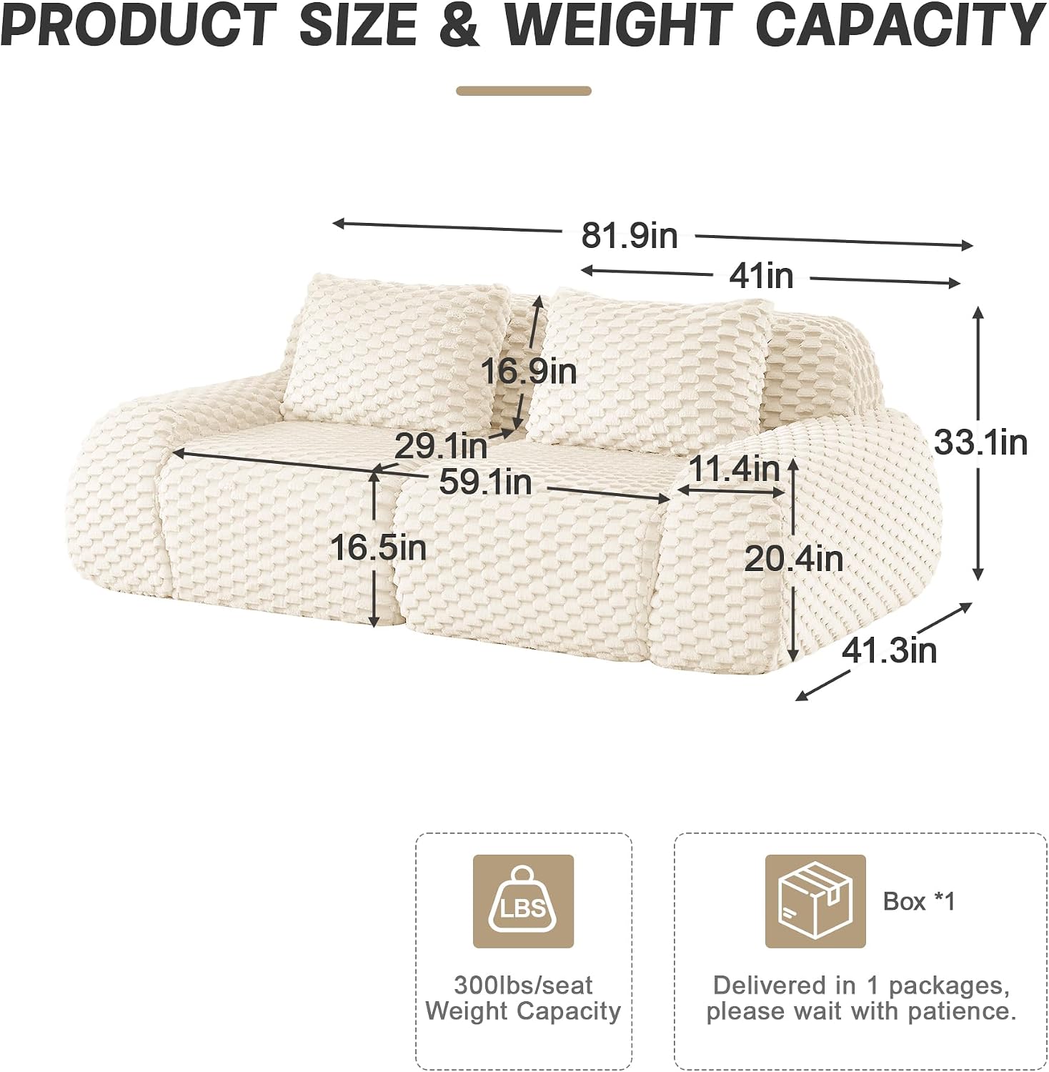 Neftis 82" Modular Sectional Couch Flannelette Fabric Deep Seat 2 Seater Thickened Cushions Buckle Connection Anti-Slip Cream White