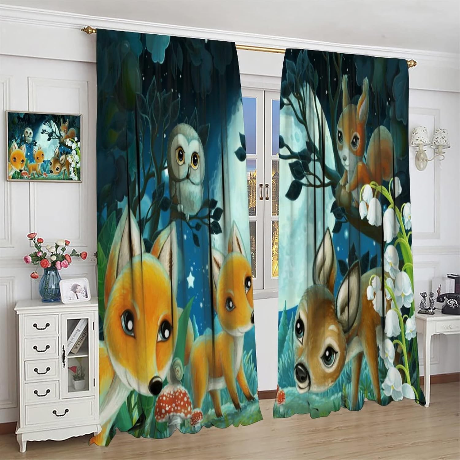 Cartoon Forest Animal Curtains for Kids,Night Rustic Woodland Cute Wild Animal Deer Fox Owl Print Nursery Baby Boy Girl Bedroom Décor Living Room Polyester Fabric Window Drapes 2 Panel Set 63" x 63"