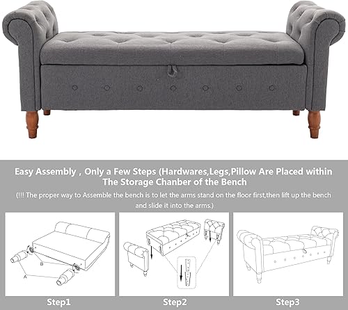 Miniatura 5 de Aoowow Banco de almacenamiento con brazo enrollado, banco otomano de almacenamiento de lino copetudo con brazos, banco de almacenamiento de 62.8