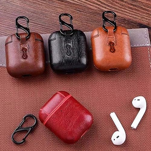 Miniatura 9 de Funda de cuero para AirPods con clip para llavero, funda protectora de cuero vegano duro para Apple AirPods 1 y 2 (rojo)