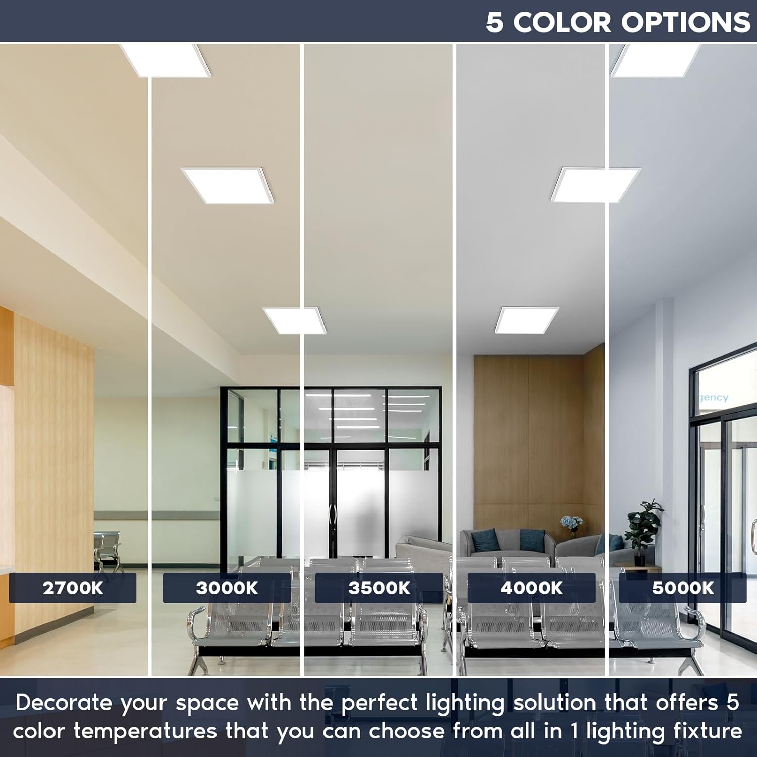 LUXRITE 1x1 FT Slim Surface Mount Panel Recessed Lighting, 5 Color Temperature Options 2700K-5000K, Dimmable LED Panel Light, 1400/1800/2200 Lumens, 10W-20W, Edge Lit, Damp Rated, ETL Listed