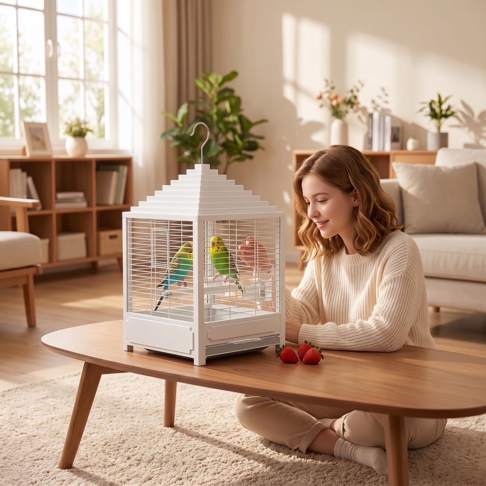 Dekokäfig mit Aufhängehaken quadratisch Vogelkäfig mit herausnehmbarer Bodenschale kompakt Vogelgehege für Wohnzimmer, Balkon
