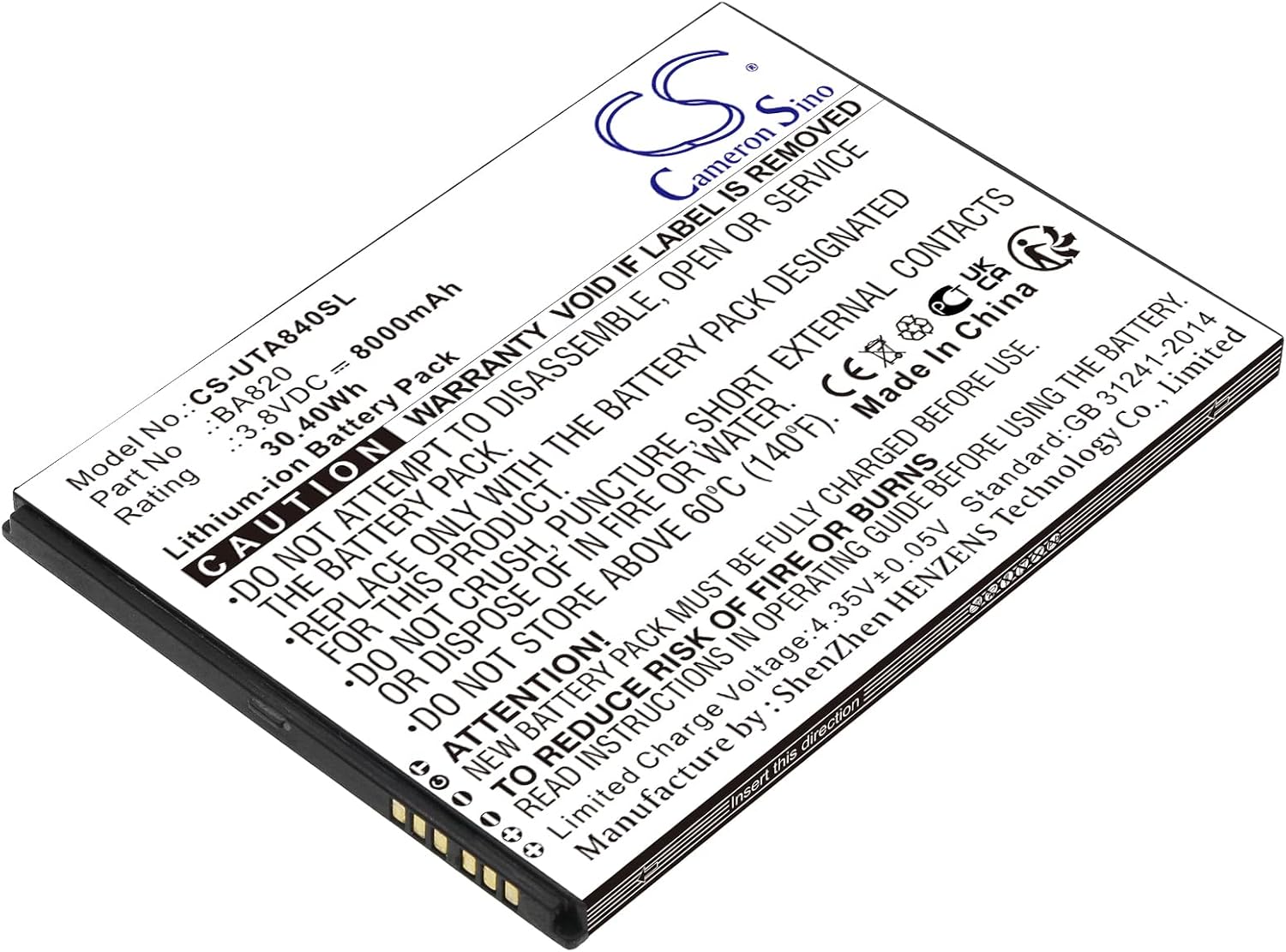 Cameron Sino CS CS Replacement Battery for Unitech TB85, Sonim RS80, Unistrong, UG908, BA820, BA840, UG905, PN.BA820, 600000248, 751000086