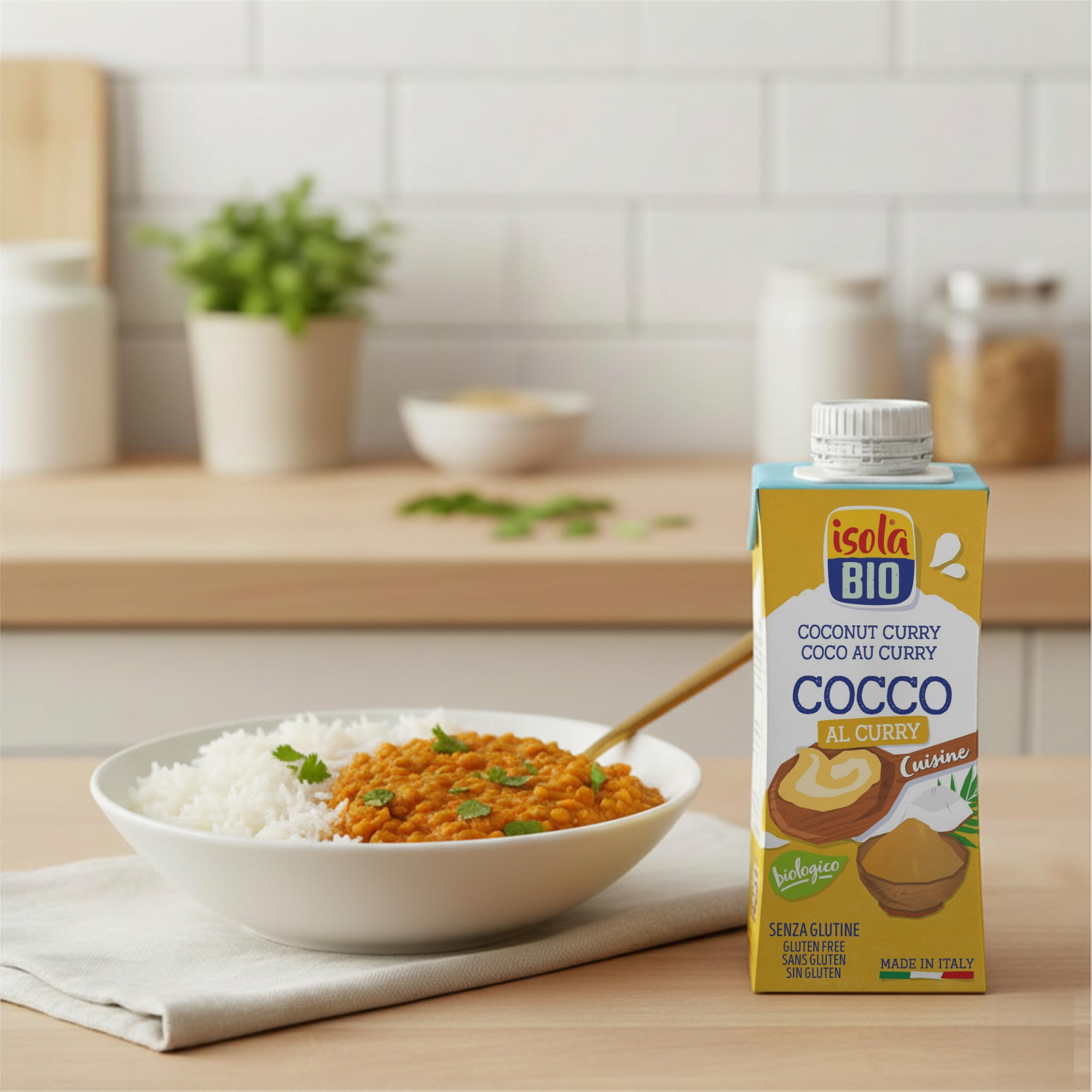 ISOLA BIO Crema da Cucina Cocco al Curry Bio, Alternativa Vegetale alla Panna da Cucina, Biologica, Senza Glutine, 100% Ingredienti Naturali, Formato 15 x 200 ml
