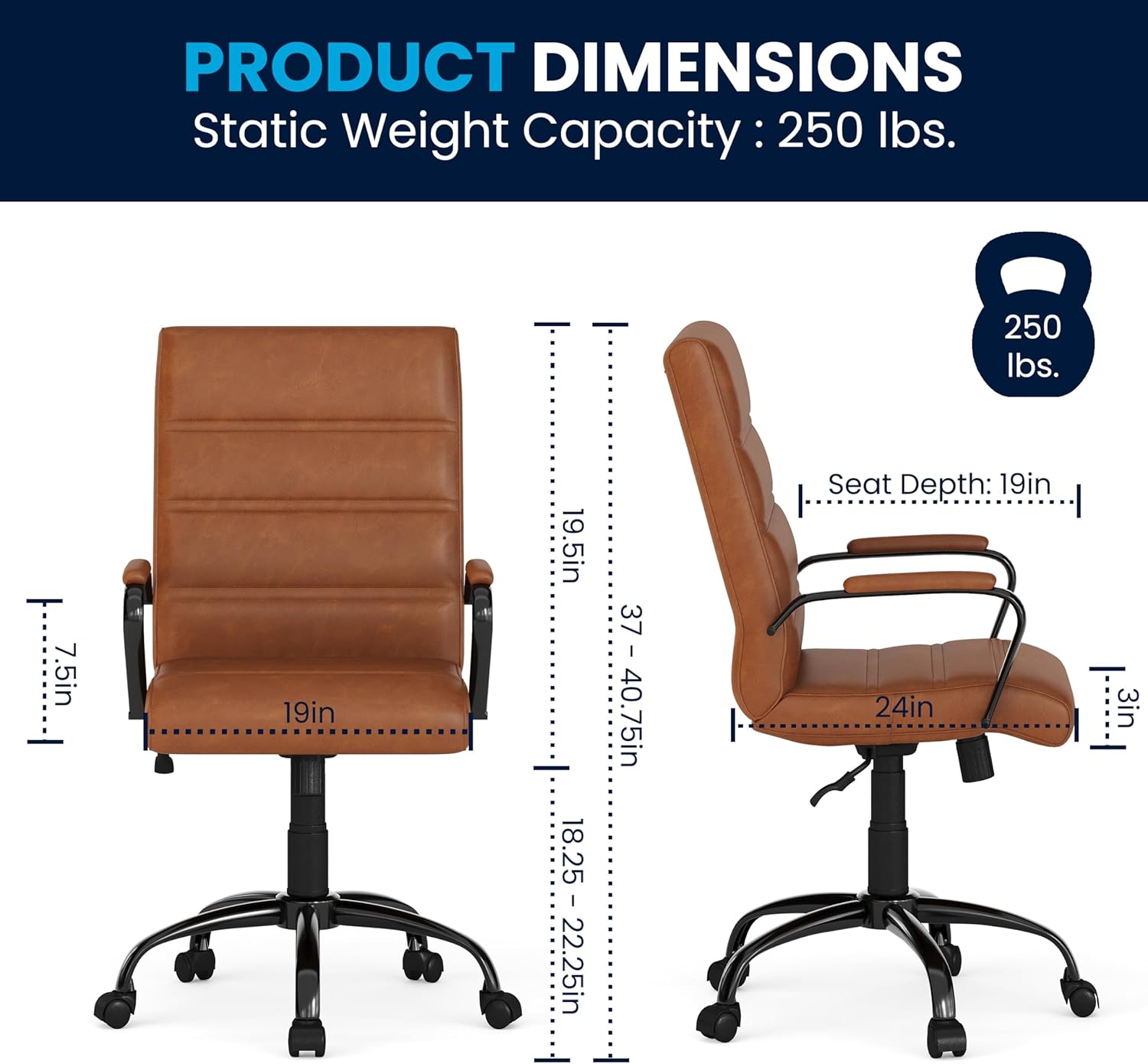 Flash Furniture Whitney Mid-Back Desk Chair - Brown LeatherSoft Executive Swivel Office Chair with Black Frame - Swivel Arm Chair - Image 3