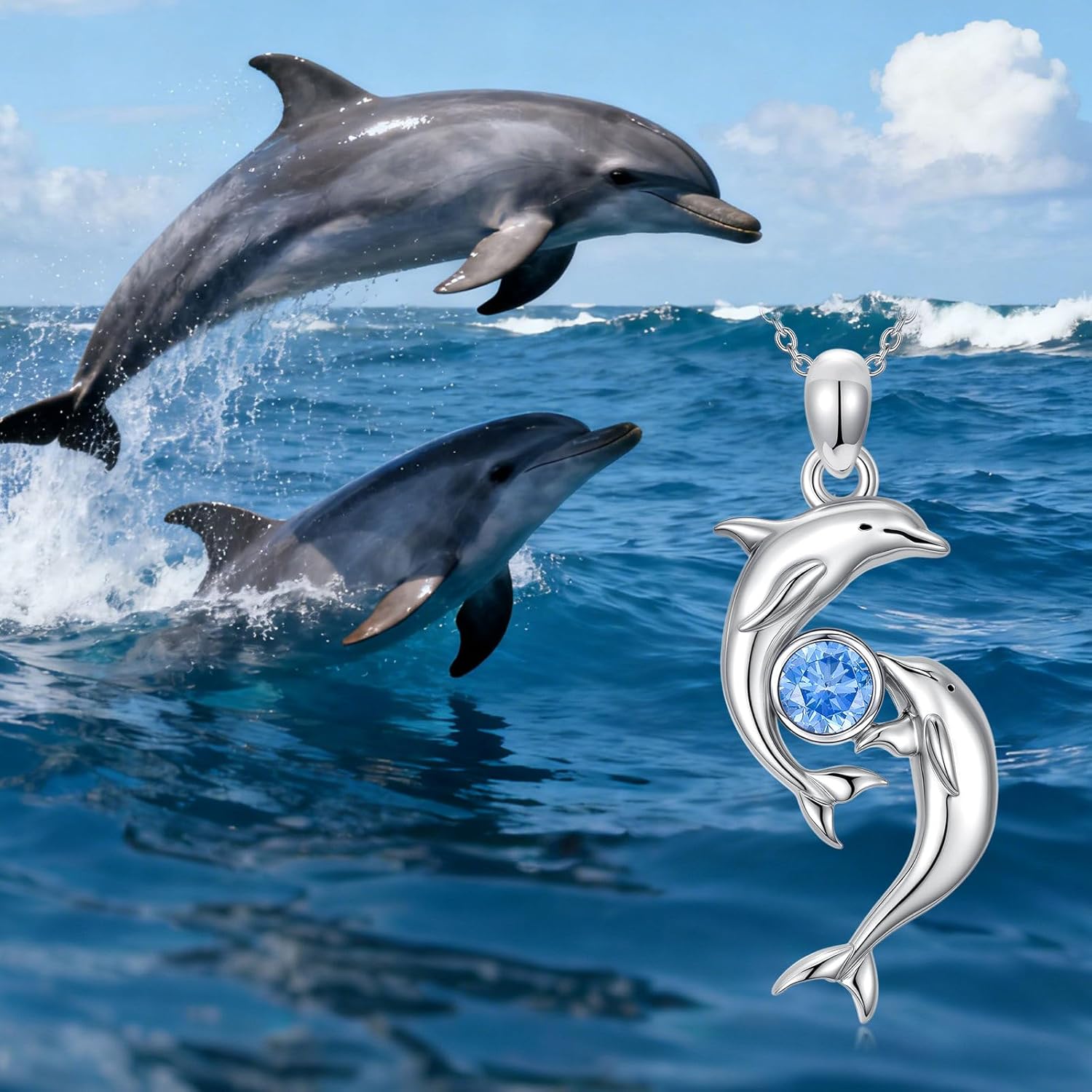 Dolphin Necklace for Women 925 Sterling Silver Aquamarine Pandent Necklaces Holiday Christmas Anniversary Valentine's Day Gift for Couple Girlfriend Wife - Image 6