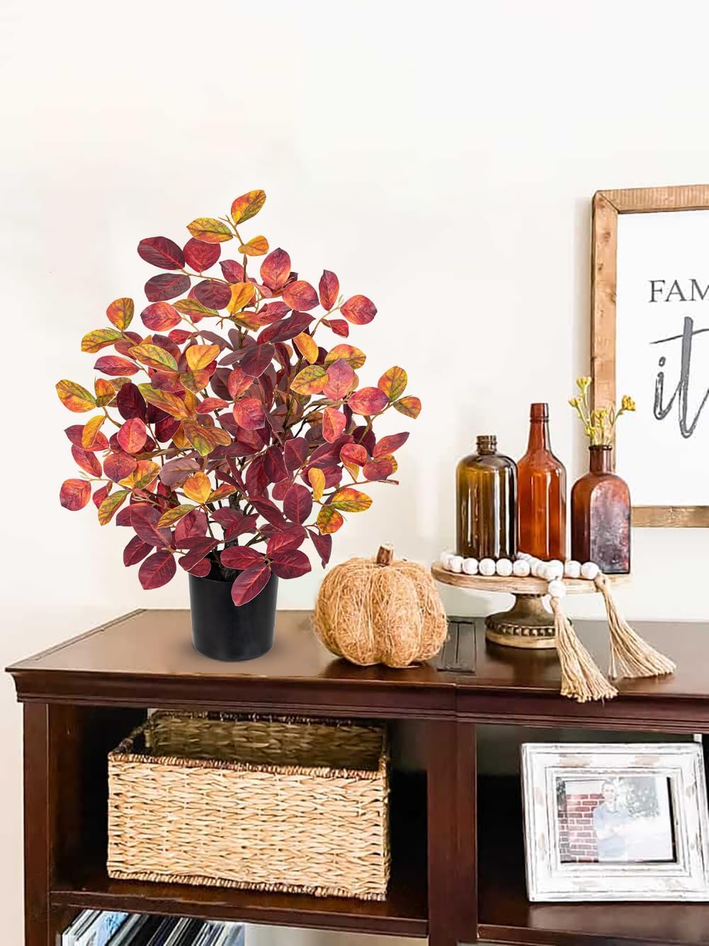Briful 18.5" Fake Fall Eucalyptus Tree in Black Pot, Autumn Small Artificial Tree with Realistic Red Orange Leaves Faux Plants Indoor for Home Office Room Tabletop Mantel Thanksgiving Decor - Image 5
