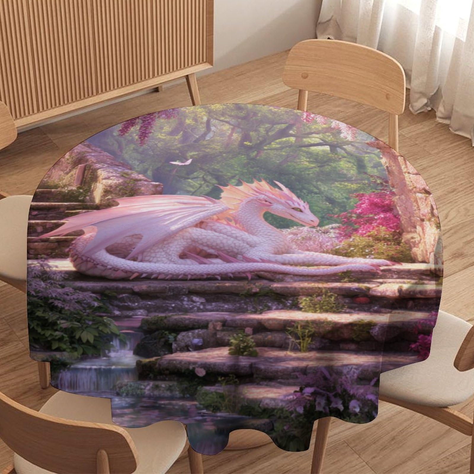 LUYYSKY Vintage Fantasy Elegant Dragon Waterproof Round Tablecloth Mid Century Spring Garden Mythical Animal Dragon Lilacs Flowers Washable Table Cover for Kitchen-177.8" Wx177.8 L cm