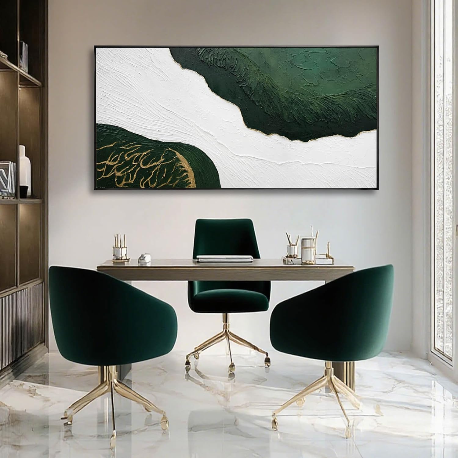 SOUGUAN Green Abstract Wall Art White Textured Minimalist Wall Decor Sage Green Gold Large Artwork Pictures Modern Canvas Prints for Living Room Hallway Fireplace Bedroom Home Office 24"x48"