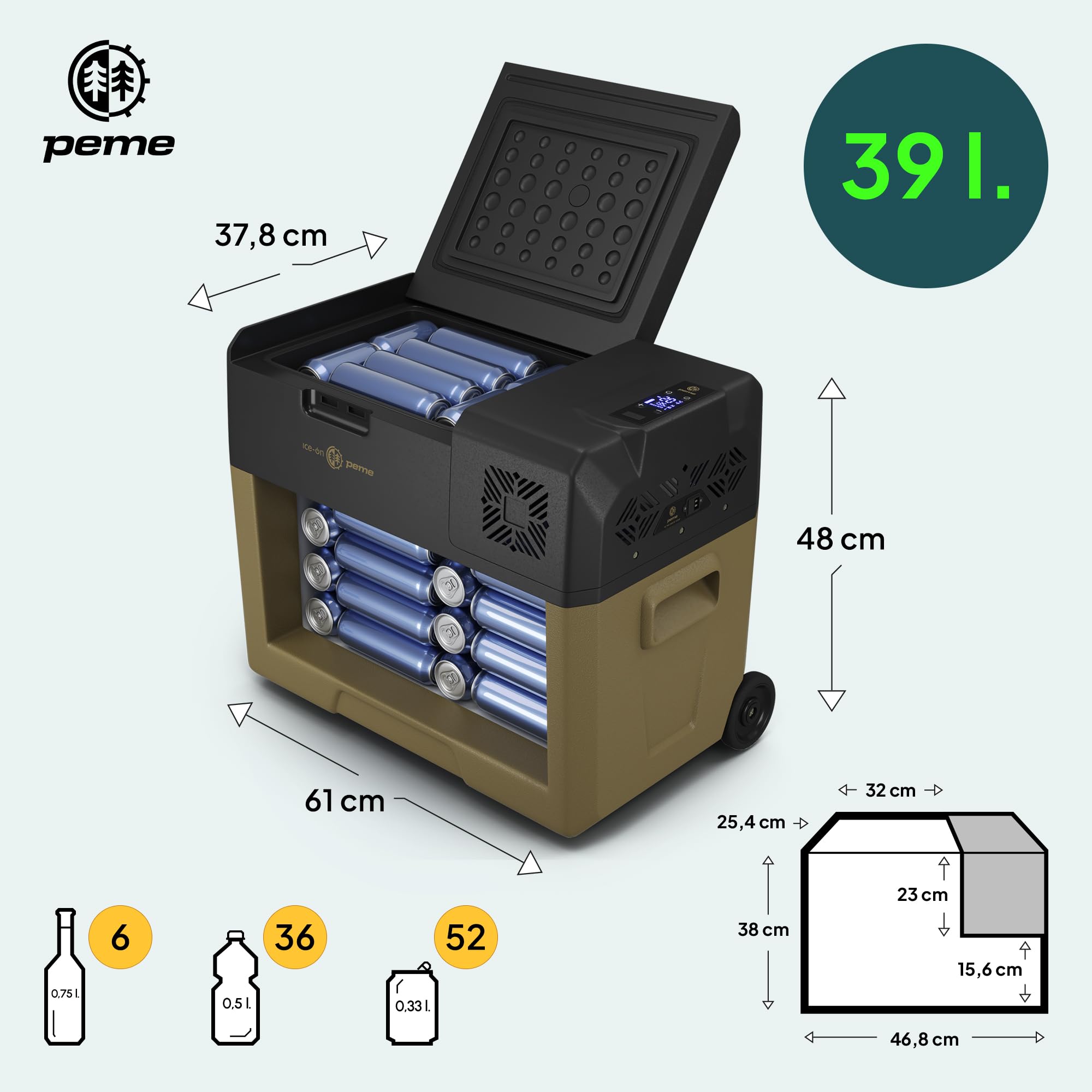 peme Expedition Elektryczna Lodówka Kompresorowa 27-39 L - Chłodziarka i Zamrażarka, Chłodzenie -20°C, Podwójne Zasilanie 12V/24V & 230V, Aplikacja Bluetooth, Tryb Eco, do Samochodu, Kempingu