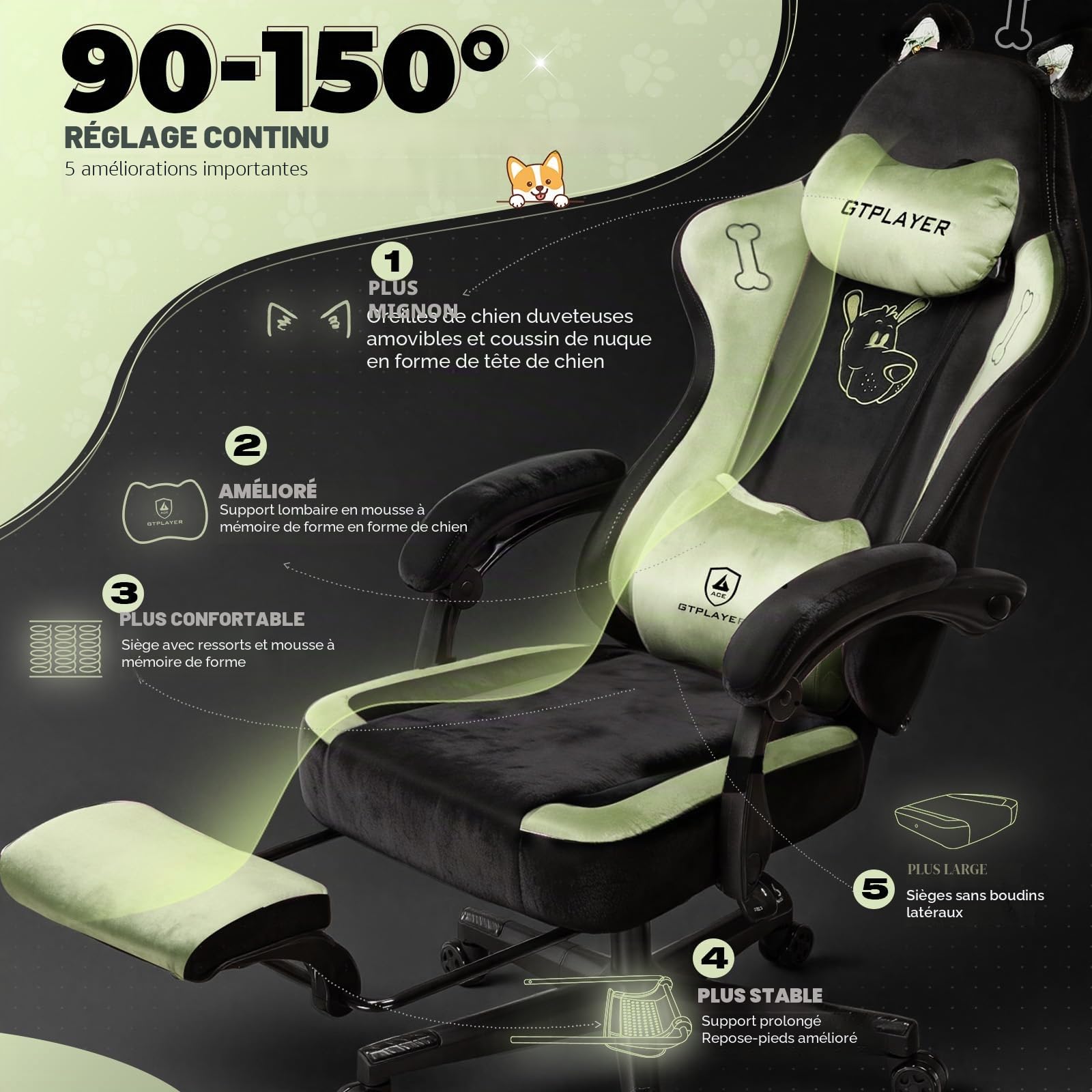 GTPLAYER Adorable Chaise de Gaming Ergonomique en Velours avec Oreilles de Chat, Mousse à mémoire de Forme et Repose-Pieds - 150 kg - Vert