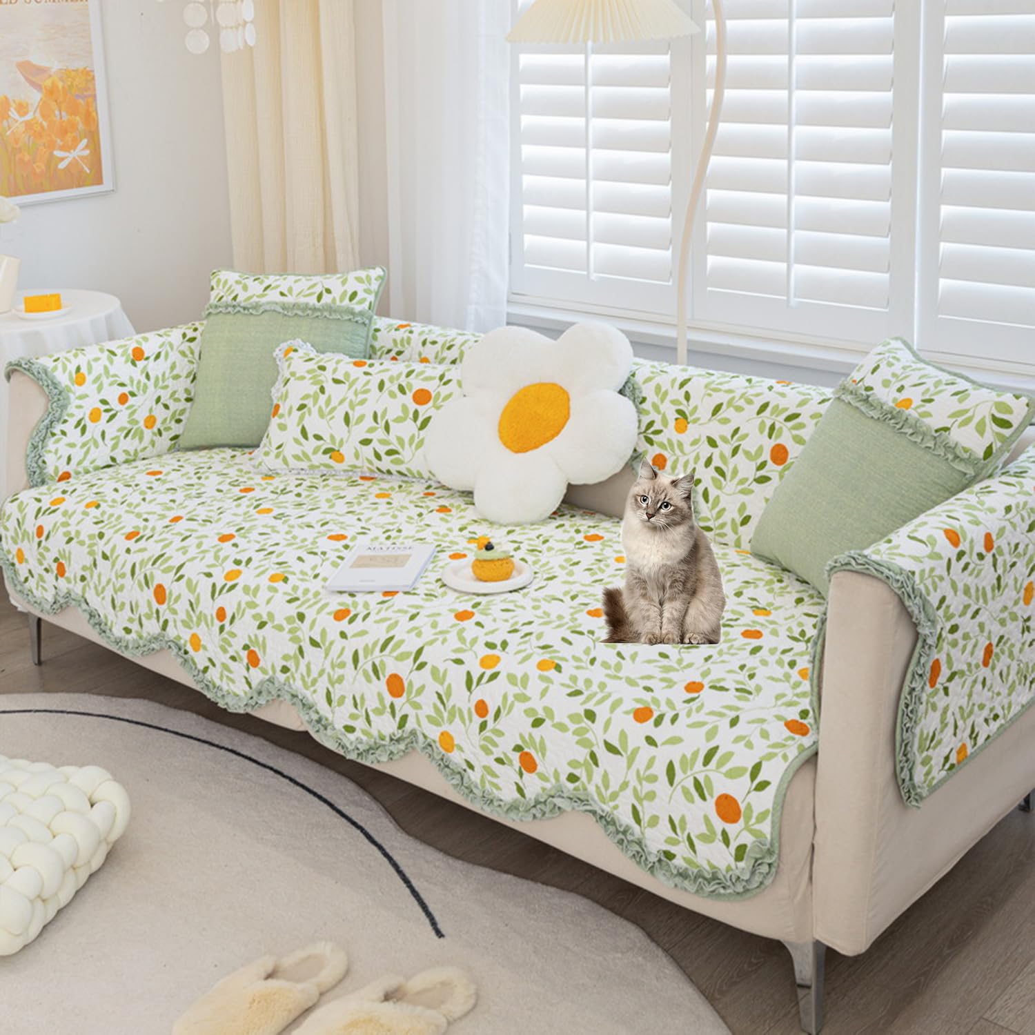 Housse de canapé en coton floral 110x240cm antidérapante et lavable pour salon