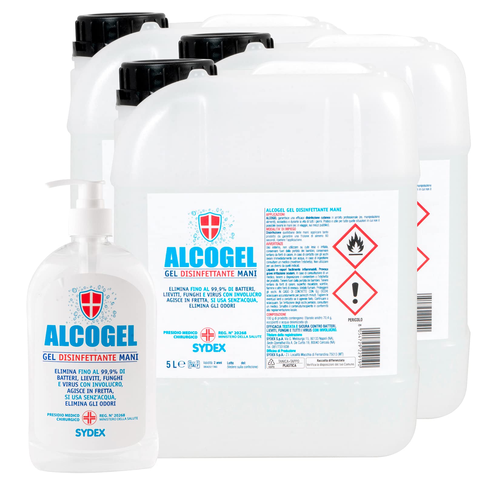 Gel Disinfettante Mani Professionale Igienizzante Antibatterico - Presidio Medico Chirurgico Elimina Odori fino al 99,9% di Germi Funghi Batteri e Virus (3x Tanica da 5L + 500ml)