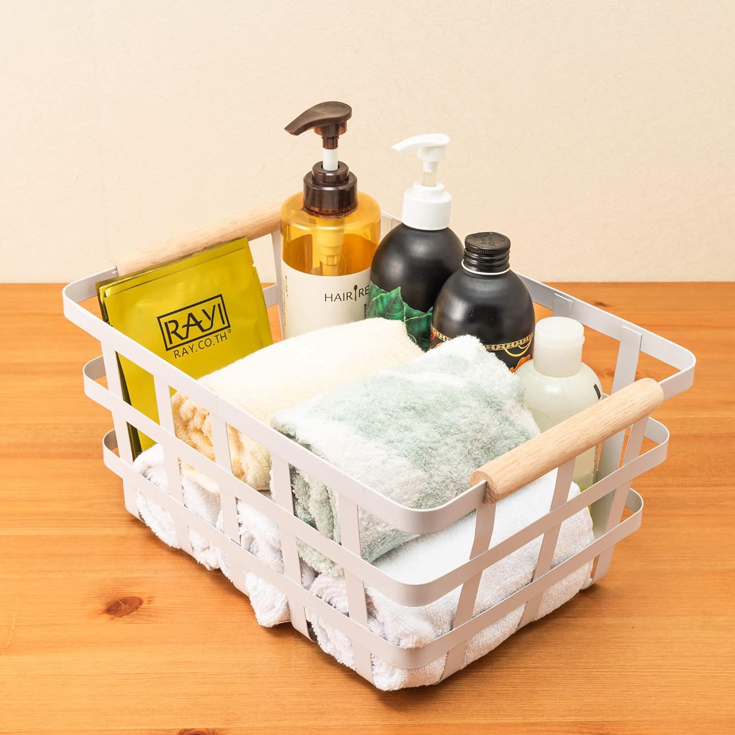 Farmhouse Baskets Wire Storage Metal Baskets Storage Bin Basket Organizer Farmhouse fruit Bin with Wood Handles for Pantry Cabinets Rustic Kitchen Counter Closet,2 Pack - White