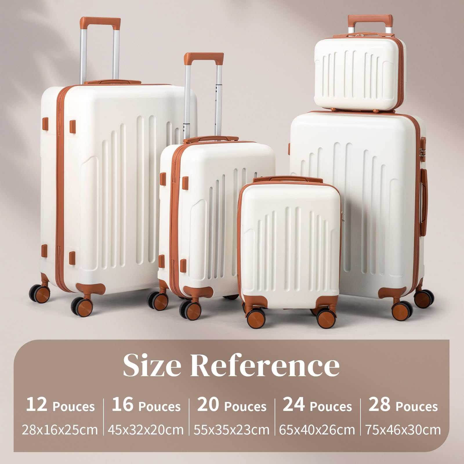 LEADZM Set di Valigie Rigide 5 Pezzi con Beauty Case, Set Valigie in ABS, Luggage Suitcase Grande 23 kg con 4 Ruote Girevoli Doppie (Beige-Marrone)