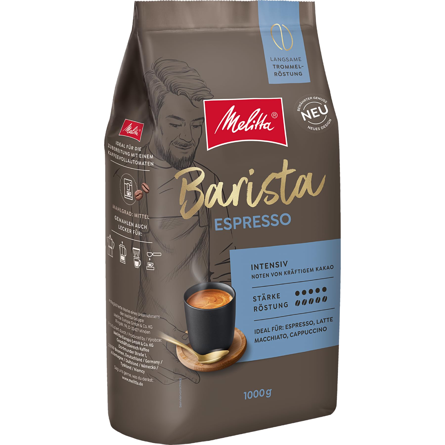 Melitta Barista Classic Espresso, Café en Grains Entiers 1 Kg, Non Moulu, Café en Grains pour Machines à Café Entièrement Automatiques, Torréfaction Forte, Intensité 5